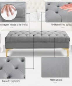 Homcom Banquettes Banquette Capitonnée Style Classique Métal Doré Velours Gris Clair -Magasin Méridiennes banquette capitonnee style classique metal dore velours gris clair 3