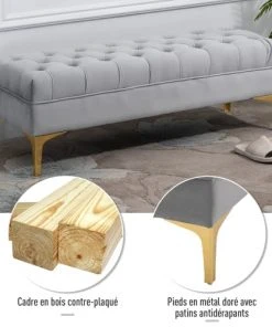 Homcom Banquettes Banquette Capitonnée Style Classique Métal Doré Velours Gris Clair -Magasin Méridiennes banquette capitonnee style classique metal dore velours gris clair 4