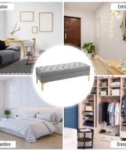 Homcom Banquettes Banquette Capitonnée Style Classique Métal Doré Velours Gris Clair -Magasin Méridiennes banquette capitonnee style classique metal dore velours gris clair 5