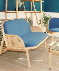 Robin Des Bois Banquettes Banquette Chêne Cannage Et Velours 2 Places Bleu -Magasin Méridiennes banquette chene cannage et velours 2 places bleu 2