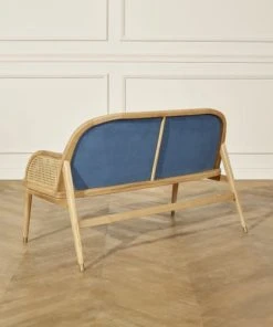 Robin Des Bois Banquettes Banquette Chêne Cannage Et Velours 2 Places Bleu -Magasin Méridiennes banquette chene cannage et velours 2 places bleu 4