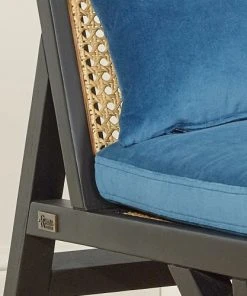 Robin Des Bois Banquettes Banquette Chêne Laqué Noir Cannage Et Velours 2 Places Bleu Orage -Magasin Méridiennes banquette chene laque noir cannage et velours 2 places bleu orage 2