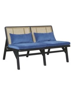 Robin Des Bois Banquettes Banquette Chêne Laqué Noir Cannage Et Velours 2 Places Bleu Orage