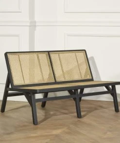 Robin Des Bois Banquettes Banquette Chêne Laqué Noir Cannage Et Velours 2 Places Bleu Orage -Magasin Méridiennes banquette chene laque noir cannage et velours 2 places bleu orage 3