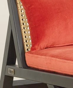 Robin Des Bois Banquettes Banquette Chêne Laqué Noir Cannage Et Velours 2 Places Brique -Magasin Méridiennes banquette chene laque noir cannage et velours 2 places brique 2