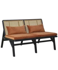 Robin Des Bois Banquettes Banquette Chêne Laqué Noir Cannage Et Velours 2 Places Caramel