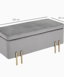 Homcom Banquettes Banquette Coffre De Rangement Velours Gris Clair Piètement Métal Doré -Magasin Méridiennes banquette coffre de rangement velours gris clair pietement metal dore 2