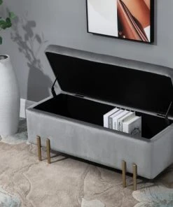 Homcom Banquettes Banquette Coffre De Rangement Velours Gris Clair Piètement Métal Doré -Magasin Méridiennes banquette coffre de rangement velours gris clair pietement metal dore 3