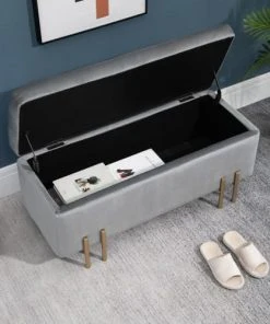 Homcom Banquettes Banquette Coffre De Rangement Velours Gris Clair Piètement Métal Doré -Magasin Méridiennes banquette coffre de rangement velours gris clair pietement metal dore 4