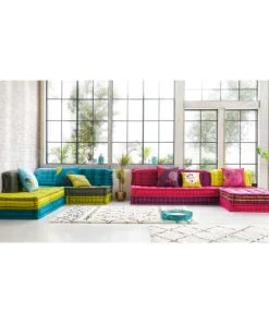 Maisons Du Monde Canapés D'angle Banquette D'angle Modulable 6 Places En Coton Bleue Et Verte -Magasin Méridiennes banquette d angle modulable 6 places en coton bleue et verte 1000 6 34 131603 5