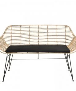 MACABANE Canapés Droits Canapé 2 Places En Rotin Naturel Coussin Noir Pieds En Métal