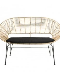 MACABANE Canapés Droits Canapé 2 Places En Rotin Naturel Coussin Noir Pieds En Métal