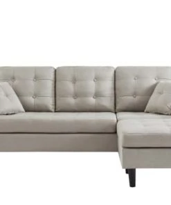 Baita Canapés D'angle Canapé D'angle En Tissu Beige Et Pieds Bois 4 Places Et 2 Coussins