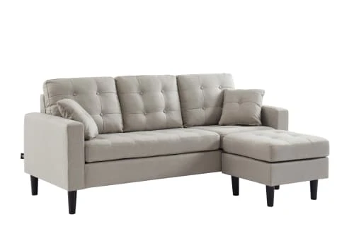 Baita Canapés D'angle Canapé D'angle En Tissu Beige Et Pieds Bois 4 Places Et 2 Coussins 8 Baita Canapés D'angle Canapé D'angle En Tissu Beige Et Pieds Bois 4 Places Et 2 Coussins – Image 6