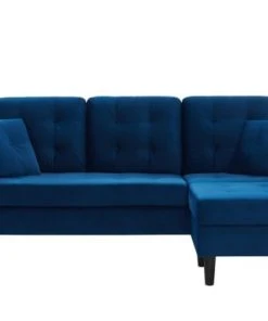 Baita Canapés D'angle Canapé D'angle En Velours Bleu Et Pieds Bois 4 Places Et 2 Coussins