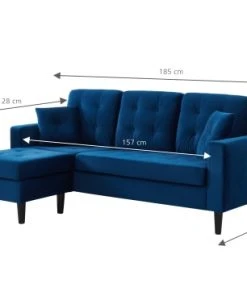 Baita Canapés D'angle Canapé D'angle En Velours Bleu Et Pieds Bois 4 Places Et 2 Coussins -Magasin Méridiennes canape d angle en velours bleu et pieds bois 4 places et 2 coussins 3