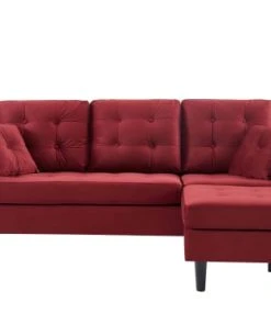 Baita Canapés D'angle Canapé D'angle En Velours Grenat Pieds Bois 4 Places Et 2 Coussins