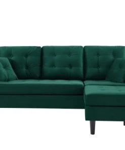 Baita Canapés D'angle Canapé D'angle En Velours Vert Et Pieds Bois 4 Places Et 2 Coussins