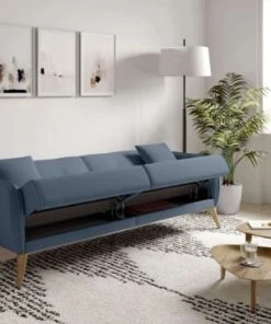 Usinestreet Canapés Droits Canapé Droit 3 Places Convertible En Tissu Bleu Clair -Magasin Méridiennes canape droit 3 places convertible en tissu bleu clair 2