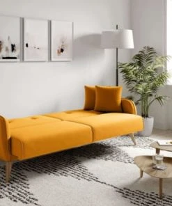 Magasin Méridiennes -Magasin Méridiennes canape droit 3 places convertible en tissu jaune 1