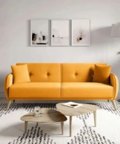 Usinestreet Canapés Droits Canapé Droit 3 Places Convertible En Tissu Jaune -Magasin Méridiennes canape droit 3 places convertible en tissu jaune 2