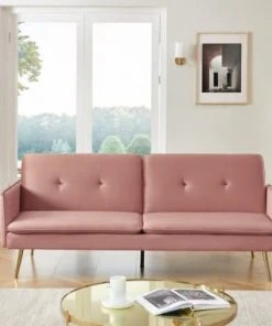 Baita Canapés Droits Canapé Droit Convertible En Velours 3 Places Rose Poudré -Magasin Méridiennes canape droit convertible en velours 3 places rose poudre 1